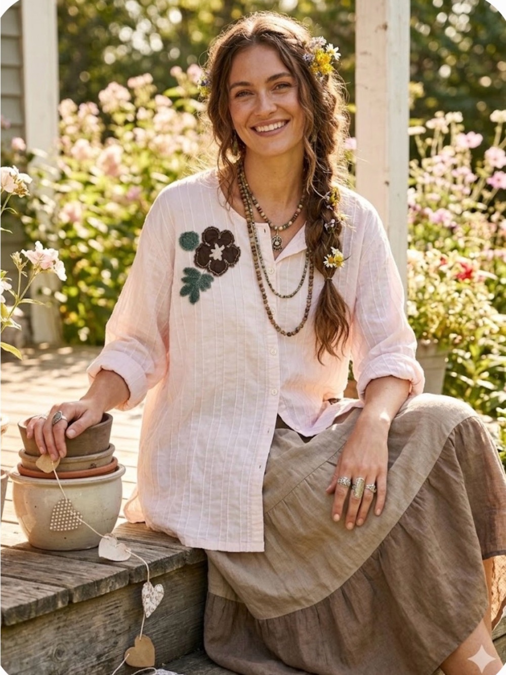 Suzy Shier Pale Pink Pintuck Floral Appliqué Blouse
